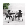 Discount 👍 28'' Square Glass Metal Table with Black Rattan Edging and 4 Black Rattan Stack Chairs by Belnick 🤩