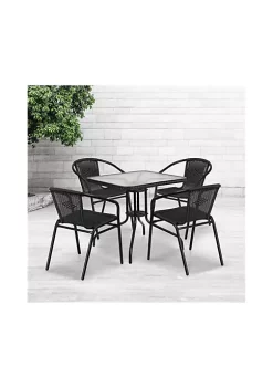 Discount π 28'' Square Glass Metal Table with Black Rattan Edging and 4 Black Rattan Stack Chairs by Belnick π€©