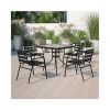 Flash Sale 🔔 31.5'' Square Glass Metal Table with 4 Black Metal Aluminum Slat Stack Chairs by Belnick ⌛