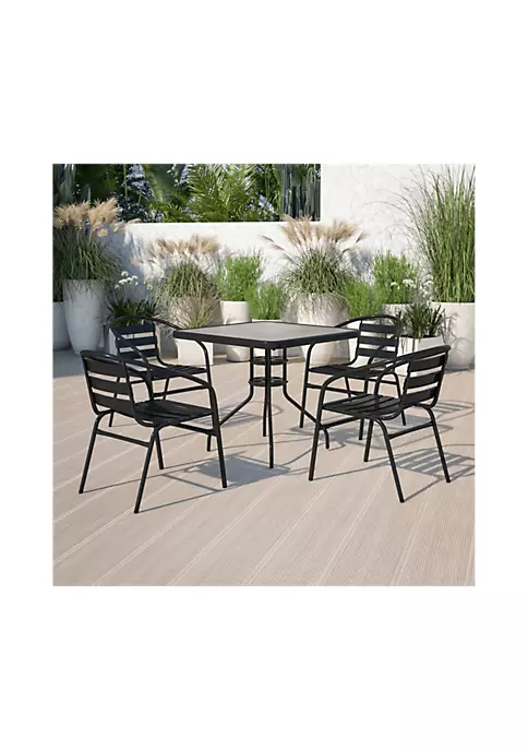 Flash Sale π 31.5'' Square Glass Metal Table with 4 Black Metal Aluminum Slat Stack Chairs by Belnick β 1 Flash Sale π 31.5'' Square Glass Metal Table with 4 Black Metal Aluminum Slat Stack Chairs by Belnick β