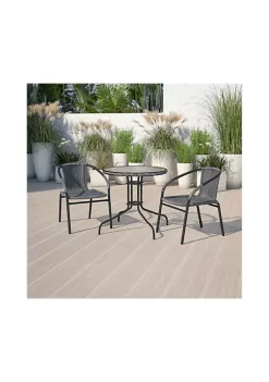 Top 10 🤩 28'' Round Glass Metal Table with Gray Rattan Edging and 2 Gray Rattan Stack Chairs by Belnick 💯