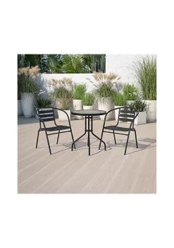 Best reviews of ⭐ 23.75'' Round Glass Metal Table with 2 Black Metal Aluminum Slat Stack Chairs by Belnick 🌟