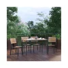 Buy 👏 5 Piece Patio Table Set Synthetic Teak Poly Slats 30" x 48" Steel Framed Table with 4 Stackable Faux Teak Chairs by Belnick 👏