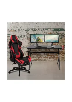 Budget 🤩 Black Gaming Desk and Red/Black Footrest Reclining Gaming Chair Set with Cup Holder, Headphone Hook & 2 Wire Management Holes by Belnick 🎉 -Belnick Sales Shop Belk 1496
