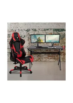 Cheap ❤️ Black Gaming Desk and Red/Black Reclining Gaming Chair Set with Cup Holder, Headphone Hook & 2 Wire Management Holes by Belnick 💯