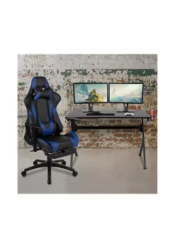 Best Sale π― Black Gaming Desk and Blue Footrest Reclining Gaming Chair Set with Cup Holder, Headphone Hook & 2 Wire Management Holes by Belnick π