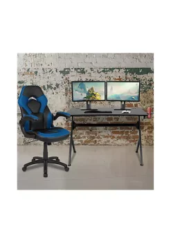 Outlet βοΈ Black Gaming Desk and Blue and Black Racing Chair Set with Cup Holder, Headphone Hook & 2 Wire Management Holes by Belnick π