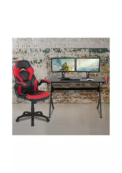 Flash Sale π Black Gaming Desk and Red/Black Racing Chair Set with Cup Holder, Headphone Hook & 2 Wire Management Holes by Belnick π 2 Flash Sale π Black Gaming Desk and Red/Black Racing Chair Set with Cup Holder, Headphone Hook & 2 Wire Management Holes by Belnick π - Image 2