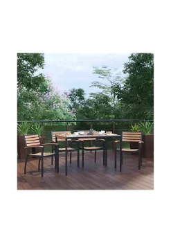 Best deal 👍 5 Piece Outdoor Dining Table Set - Synthetic Teak Poly Slats - 30" x 48" Steel Framed Table with Umbrella Hole - 4 Club Chairs - XUDG304860064GG by Belnick 🎉
