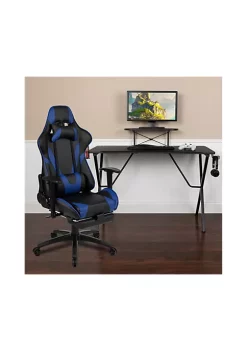 Promo π Black Gaming Desk with Cup Holder/Headphone Hook and Monitor/Smartphone Stand & Blue Reclining Gaming Chair with Footrest by Belnick π