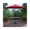 Outlet 😉 3 Piece Outdoor Patio Table Set 30" x 48" Synthetic Teak Patio Table with Red Umbrella and BaseProvide shaded dining space at your home or business with this 3-piece 30" x 48" faux teak table, umbrella, and weatherproof base set.Patrons love to dine al fresco and this all-weather dining set won't disappoint. The trending natural-colored synthetic faux teak slats contrast beautifully with the black metal frame and blend seamlessly in almost any decor. The included red polyester umbrella will protect your electronics and pets from overheating. Entertain guests at your home or restaurant with this on trend outdoor seating set. The 18-gauge steel frame of the patio table features metal screw construction that holds up to 300 Lbs. static weight capacity to effortlessly hold your favorite dishes while the patio umbrella boasts push button tilt to keep you shaded no matter where the sun is.Powder 🧥 coating on the dining table and 1.5-inch aluminum umbrella pole resists nicks and scratches and is weather resistant for year-round use though care should be taken to protect from prolonged periods of wet weather. 8 solid steel ribs give this outdoor table umbrella a uniform shape that will hold up to light breezes and rain. The outdoor patio table assembles in 30 minutes or less with the included step-by-step instructions to refresh your outdoor dining space in your home or restaurant.For the umbrella, simply press down the lock button and attach the pole extension for quick setup in under 10 minutes. Your new outdoor dining table wipes clean with a damp cloth and the umbrella cleans with a water based cleaner.• Fixed glides on the patio table will maintain the appearance of your hard flooring surfaces when being used indoors.• 3 Piece Faux Teak Patio Table 9FT Umbrella Set • residential or commercial use• Faux Teak • Slatted Tabletop• Powder 🧥 coated Steel Frame300 Lbs. Static Weight Capacity• Assembles in 30 Minutes or Less• Pole Diameter: 1.5"• 30+ UV Treated Polyester Vented Top withstands light breezes and rainDimensions: Patio Umbrella Size: 5.5104.5"W x 5.5 104.5"D x 96.5"HPatio Table Size: 48"W x 30"D x 29.5"HUmbrella Hole: 1.75" Diameter by Belnick 😀