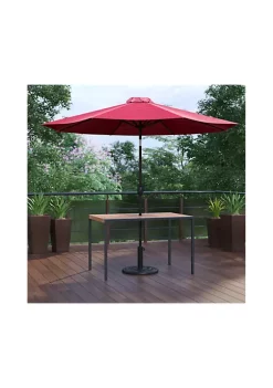 Outlet 😉 3 Piece Outdoor Patio Table Set 30" x 48" Synthetic Teak Patio Table with Red Umbrella and BaseProvide shaded dining space at your home or business with this 3-piece 30" x 48" faux teak table, umbrella, and weatherproof base set.Patrons love to dine al fresco and this all-weather dining set won't disappoint. The trending natural-colored synthetic faux teak slats contrast beautifully with the black metal frame and blend seamlessly in almost any decor. The included red polyester umbrella will protect your electronics and pets from overheating. Entertain guests at your home or restaurant with this on trend outdoor seating set. The 18-gauge steel frame of the patio table features metal screw construction that holds up to 300 Lbs. static weight capacity to effortlessly hold your favorite dishes while the patio umbrella boasts push button tilt to keep you shaded no matter where the sun is.Powder 🧥 coating on the dining table and 1.5-inch aluminum umbrella pole resists nicks and scratches and is weather resistant for year-round use though care should be taken to protect from prolonged periods of wet weather. 8 solid steel ribs give this outdoor table umbrella a uniform shape that will hold up to light breezes and rain. The outdoor patio table assembles in 30 minutes or less with the included step-by-step instructions to refresh your outdoor dining space in your home or restaurant.For the umbrella, simply press down the lock button and attach the pole extension for quick setup in under 10 minutes. Your new outdoor dining table wipes clean with a damp cloth and the umbrella cleans with a water based cleaner.• Fixed glides on the patio table will maintain the appearance of your hard flooring surfaces when being used indoors.• 3 Piece Faux Teak Patio Table 9FT Umbrella Set • residential or commercial use• Faux Teak • Slatted Tabletop• Powder 🧥 coated Steel Frame300 Lbs. Static Weight Capacity• Assembles in 30 Minutes or Less• Pole Diameter: 1.5"• 30+ UV Treated Polyester Vented Top withstands light breezes and rainDimensions: Patio Umbrella Size: 5.5104.5"W x 5.5 104.5"D x 96.5"HPatio Table Size: 48"W x 30"D x 29.5"HUmbrella Hole: 1.75" Diameter by Belnick 😀