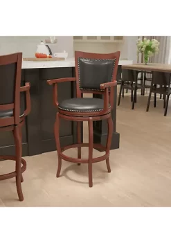 Promo π High Cherry Wood Barstool with Arms, Panel Back and LeatherSoft Swivel Seat by Belnick βοΈ