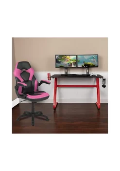 Cheap 👏 Red Gaming Desk and Pink/Black Racing Chair Set with Cup Holder and Headphone Hook by Belnick ⌛
