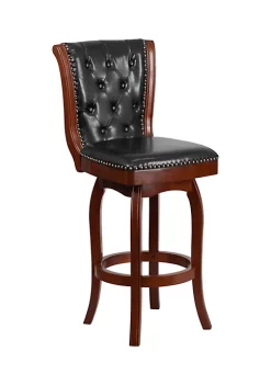 Cheap 🌟 30'' High Cherry Wood Barstool with Button Tufted Back and Black LeatherSoft Swivel Seat by Belnick 🎁