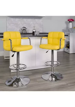 Outlet ❤️ 2 Pack Contemporary Yellow Quilted Vinyl Adjustable Height Barstool with Arms and Chrome Base by Belnick 🔔