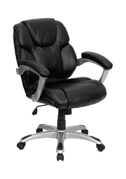 Cheap 👏 Mid-Back Black LeatherSoft Layered Upholstered Executive Swivel Ergonomic Office Chair with Silver Nylon Base and Arms by Belnick 💯