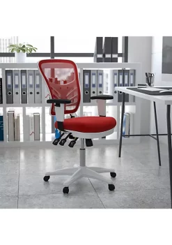 Hot Sale 👏 Mid-Back Red Mesh Multifunction Executive Swivel Ergonomic Office Chair with Adjustable Arms and White Frame by Belnick 🎉