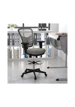 New ✨ Mid-Back Light Gray Mesh Ergonomic Drafting Chair with Adjustable Chrome Foot Ring, Adjustable Arms and Black Frame by Belnick 🎉
