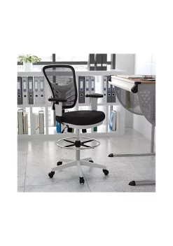 Best Pirce 🔥 Mid-Back Black Mesh Ergonomic Drafting Chair with Adjustable Chrome Foot Ring, Adjustable Arms and White Frame by Belnick 🎉