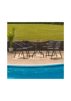 Cheap π 28'' Round Glass Metal Table with Black Rattan Edging and 4 Black Rattan Stack Chairs by Belnick β