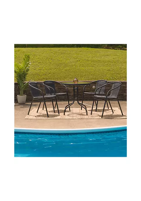 Cheap π 28'' Round Glass Metal Table with Black Rattan Edging and 4 Black Rattan Stack Chairs by Belnick β 1 Cheap π 28'' Round Glass Metal Table with Black Rattan Edging and 4 Black Rattan Stack Chairs by Belnick β