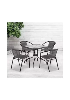 Top 10 🤩 28'' Square Glass Metal Table with Gray Rattan Edging and 4 Gray Rattan Stack Chairs by Belnick ⭐
