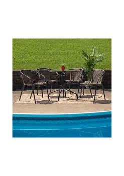 Outlet 😀 28'' Round Glass Metal Table with Dark Brown Rattan Edging and 4 Dark Brown Rattan Stack Chairs by Belnick 🥰