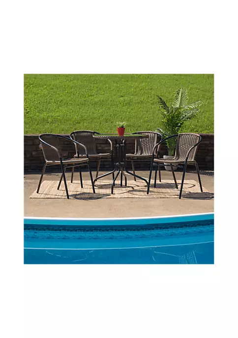 Outlet 😀 28'' Round Glass Metal Table with Dark Brown Rattan Edging and 4 Dark Brown Rattan Stack Chairs by Belnick 🥰 1 Outlet 😀 28'' Round Glass Metal Table with Dark Brown Rattan Edging and 4 Dark Brown Rattan Stack Chairs by Belnick 🥰
