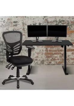 Brand new ⭐ 48" Wide Black Electric Height Adjustable Standing Desk with Black Mesh Multifunction Executive Swivel Ergonomic Office Chair by Belnick 👍