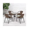 Deals 🌟 28'' Square Glass Metal Table with Dark Brown Rattan Edging and 4 Dark Brown Rattan Stack Chairs by Belnick ⭐