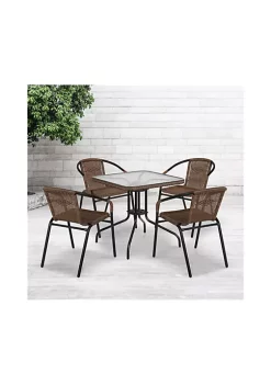 Deals π 28'' Square Glass Metal Table with Dark Brown Rattan Edging and 4 Dark Brown Rattan Stack Chairs by Belnick β