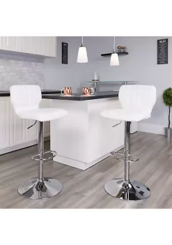 Flash Sale 👍 2 Pack Contemporary White Vinyl Adjustable Height Barstool with Vertical Stitch Back and Chrome Base by Belnick ⌛