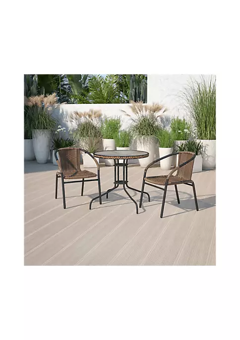 Discount π€© 28'' Round Glass Metal Table with Dark Brown Rattan Edging and 2 Dark Brown Rattan Stack Chairs by Belnick π 1 Discount π€© 28'' Round Glass Metal Table with Dark Brown Rattan Edging and 2 Dark Brown Rattan Stack Chairs by Belnick π