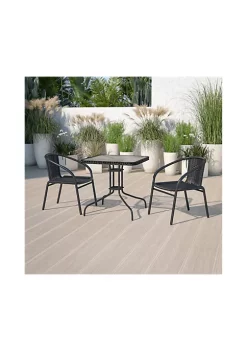Outlet π― 28'' Square Glass Metal Table with Black Rattan Edging and 2 Black Rattan Stack Chairs by Belnick π
