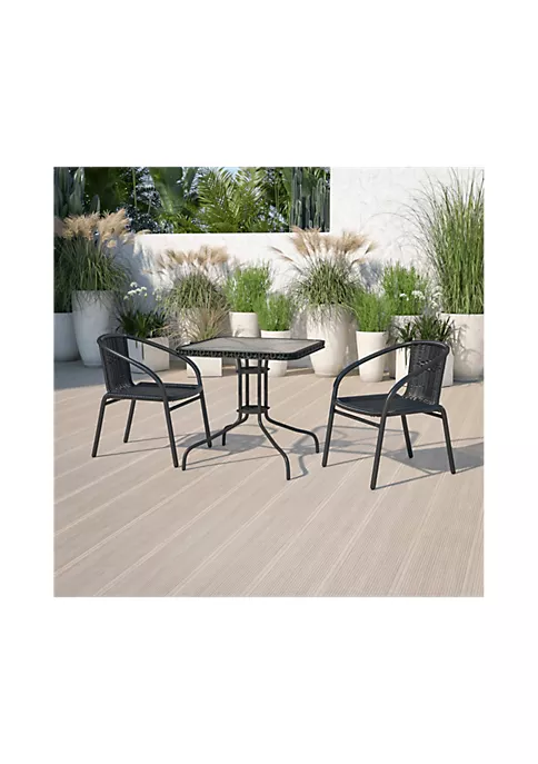 Outlet π― 28'' Square Glass Metal Table with Black Rattan Edging and 2 Black Rattan Stack Chairs by Belnick π 1 Outlet π― 28'' Square Glass Metal Table with Black Rattan Edging and 2 Black Rattan Stack Chairs by Belnick π