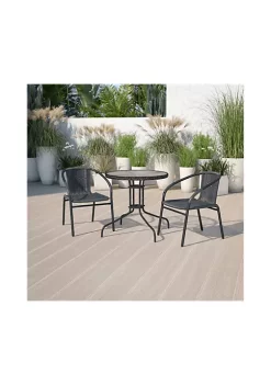 Discount βοΈ 28'' Round Glass Metal Table with Black Rattan Edging and 2 Black Rattan Stack Chairs by Belnick βοΈ