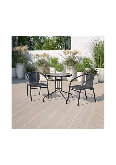 Discount ✔️ 28'' Round Glass Metal Table with Black Rattan Edging and 2 Black Rattan Stack Chairs by Belnick ✔️ 1 Discount ✔️ 28'' Round Glass Metal Table with Black Rattan Edging and 2 Black Rattan Stack Chairs by Belnick ✔️