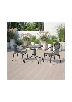 Budget 🤩 28'' Square Glass Metal Table with Gray Rattan Edging and 2 Gray Rattan Stack Chairs by Belnick ✔️