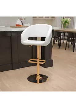 Best deal 🤩 Contemporary White Vinyl Adjustable Height Barstool with Rounded Mid-Back and Gold Base by Belnick 🔥