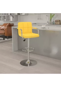New 🔥 Contemporary Yellow Quilted Vinyl Adjustable Height Barstool with Arms and Chrome Base by Belnick 🎁