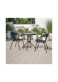 New π 23.75'' Round Glass Metal Table with 2 Black Rattan Stack Chairs by Belnick π