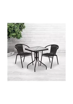 Brand new 🛒 23.5'' Square Glass Metal Table with 2 Black Rattan Stack Chairs by Belnick 🤩
