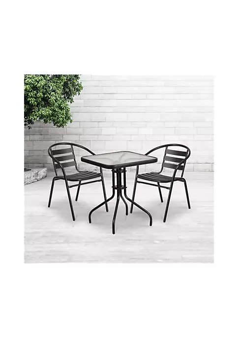 Buy π 23.5'' Square Glass Metal Table with 2 Black Metal Aluminum Slat Stack Chairs by Belnick π 2 Buy π 23.5'' Square Glass Metal Table with 2 Black Metal Aluminum Slat Stack Chairs by Belnick π - Image 2