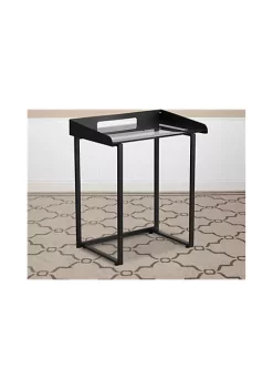 New ✔️ Contemporary Clear Tempered Glass Desk with Raised Cable Management Border and Black Metal Frame by Belnick 😉