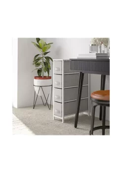 Promo 🤩 4 Drawer Slim Wood Top White Cast Iron Frame 👗 Dresser Storage Tower with Light Gray Easy Pull Fabric Drawers by Belnick ✔️