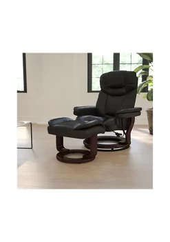 Cheapest 🧨 Contemporary Multi-Position Recliner and Curved Ottoman with Swivel Mahogany Wood Base in Black LeatherSoft by Belnick ❤️