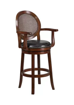 Brand new π High Expresso Wood Barstool with Arms, Woven Rattan Back and Black LeatherSoft Swivel Seat by Belnick π