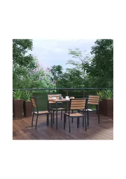 Deals 👍 5 Piece Patio Table Set Synthetic Teak Poly Slats 35" Square Steel Framed Table with 4 Stackable Faux Teak Chairs by Belnick 🤩