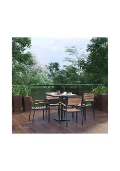 Discount ⌛ Indoor/Outdoor 5 Piece Patio Dining Table Set with 30" Square Faux Teak Table & 4 Stacking Club Chairs with Teak Accented Arms by Belnick 🔔